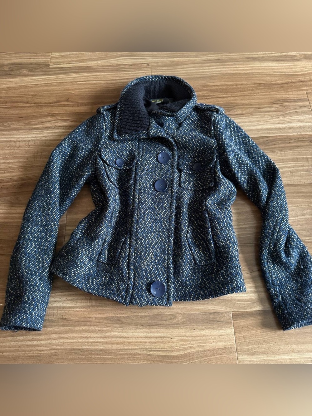 Y2K Navy Tweed Pea Coat with Cream Flecking